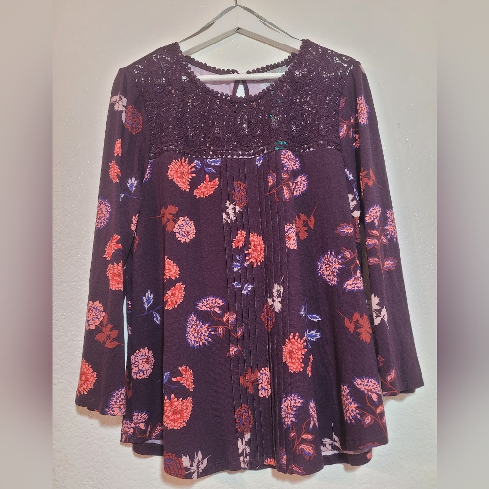 NEW Daniel Rainn XL Darrel Crochet Yoke Knit Top Dark Purple Long Sleeves NWT